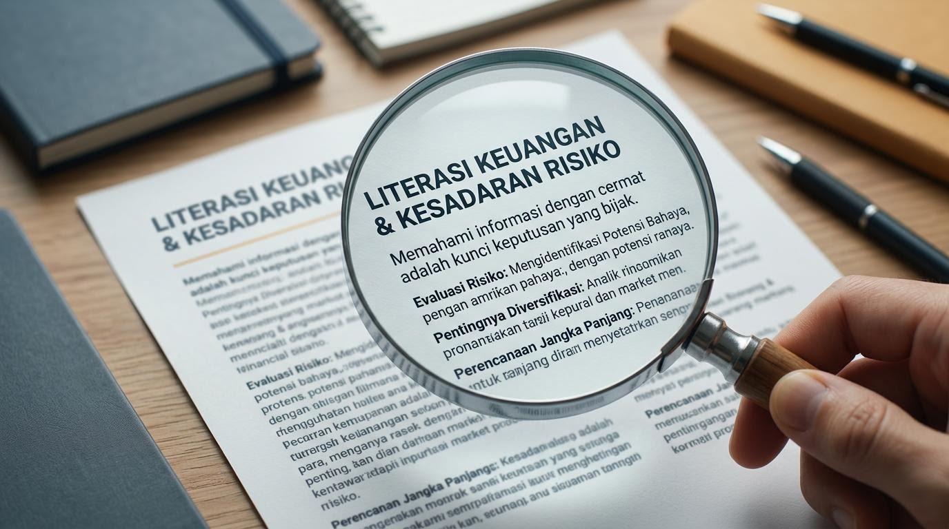 Kaca pembesar diarahkan pada teks edukasi keuangan sebagai simbol kesadaran risiko